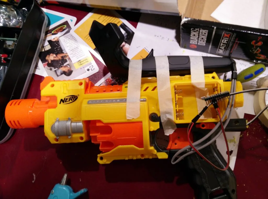 The finished Nerf Barricade controller with an HTC Vive controller mounted inside for tracking