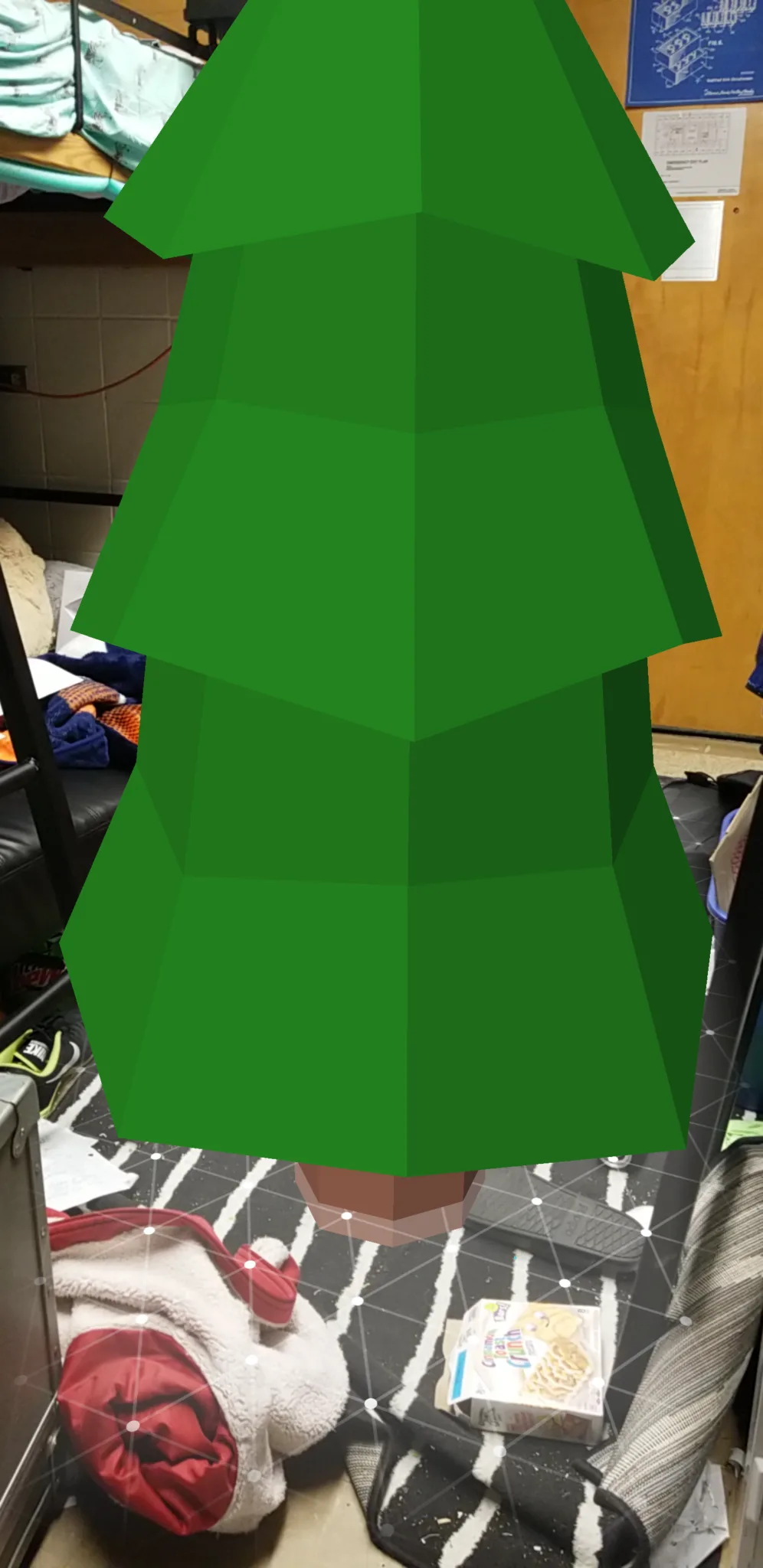 ARCore virtual forest demo showing cube-form and conical pine trees casting shadows