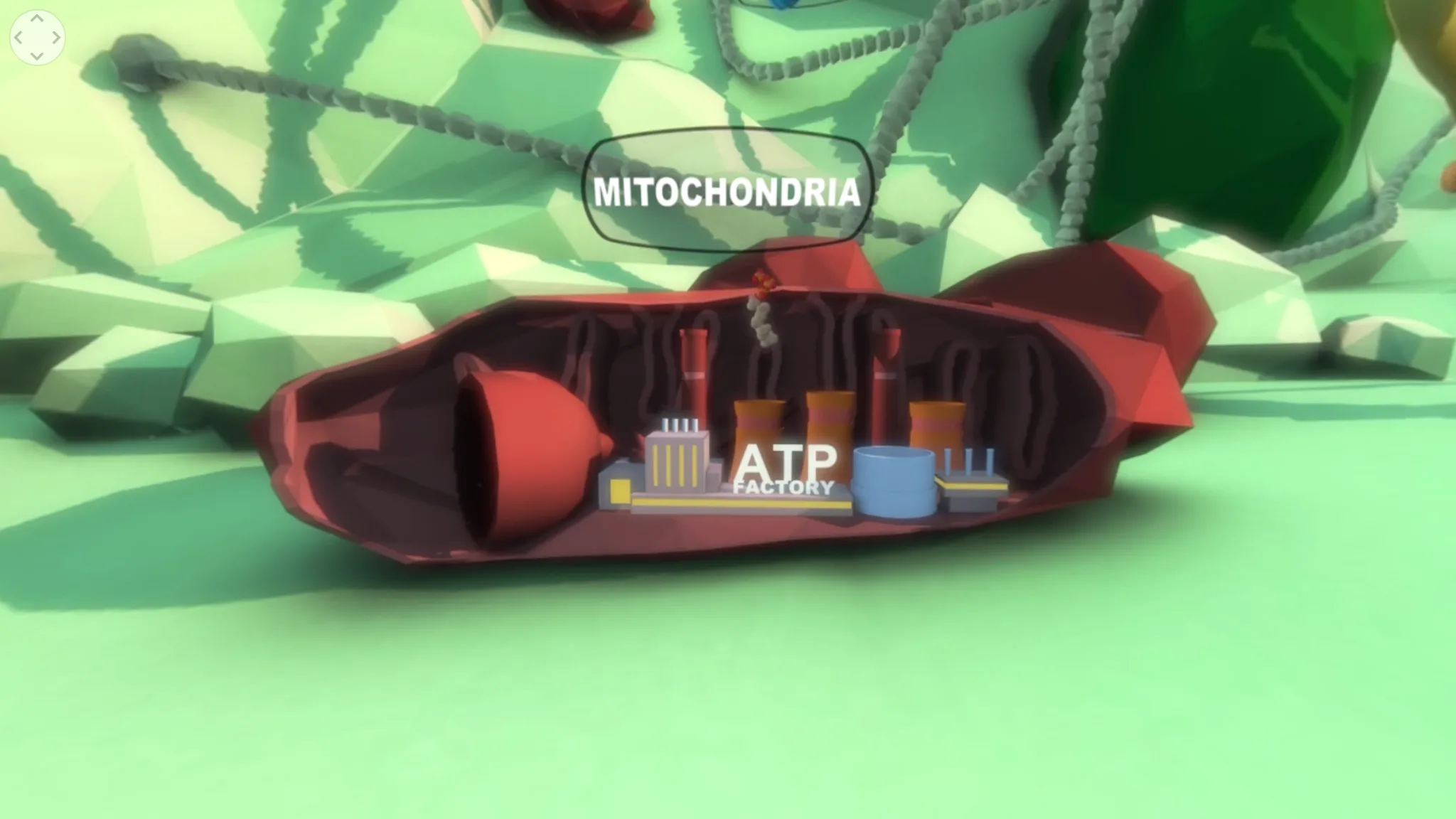 Virtual chemistry classroom scene with an interactive water-formation experiment