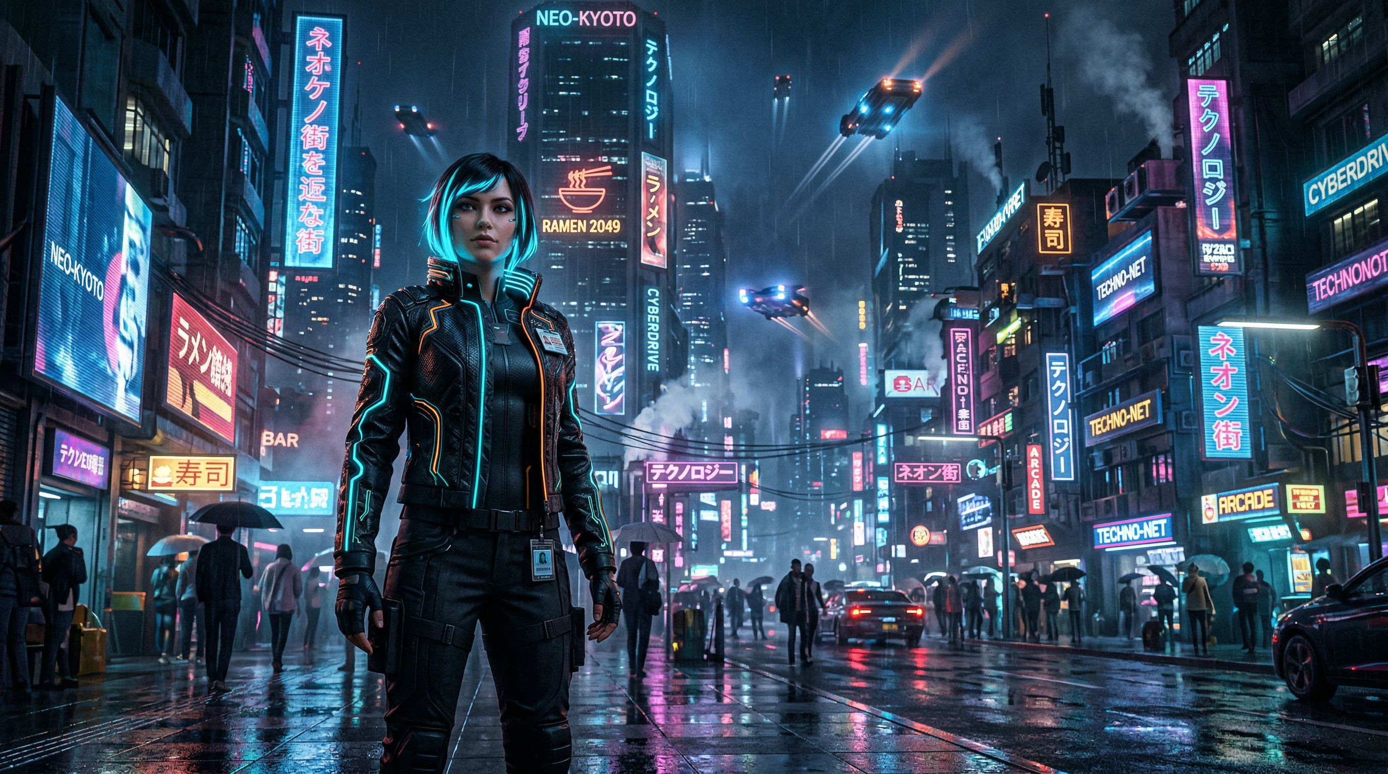Cyberpunk city street at night with neon signs and a sci-fi character, generated by Nano Banana 2 via the Image Generation MCP Server